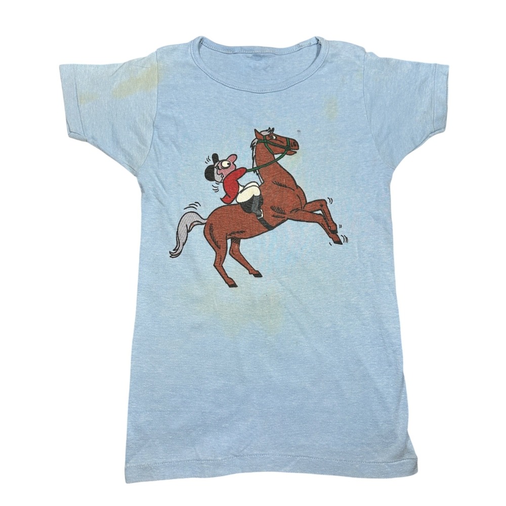 Vintage 70s Farrah Fawcett Horse Graphic Kids‎ T-Shirt Light Blue Single Stitch